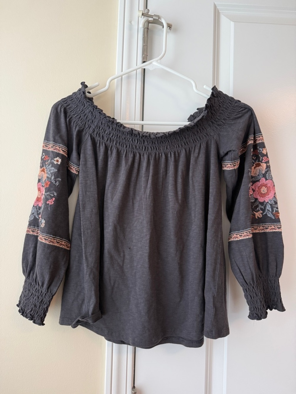 American Eagle Outfitters Charcoal Gray Off-Shoulder Embroidered Top